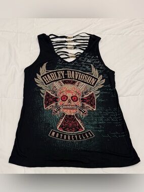 Harley-Davidson Black Tank Top w/ Red Accent Skull Graphic & Strappy Back Sz 1X
